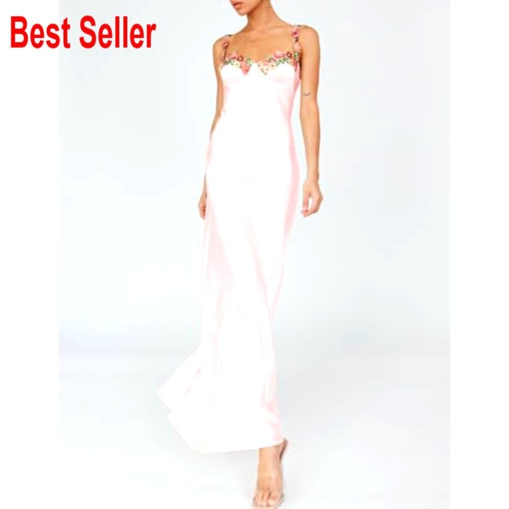 Satin Spaghetti Strap Maxi Dress Floral Embroidered Backless Slit Formal Elegant - Picture 3 of 6